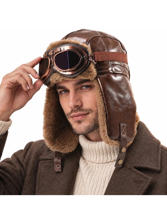 Men Aviator Hat with Goggles, Adult Vintage Pilot Trapper Hat, Winter Bomber Cap with Ear Flaps for Men Women Cold Weather Wear