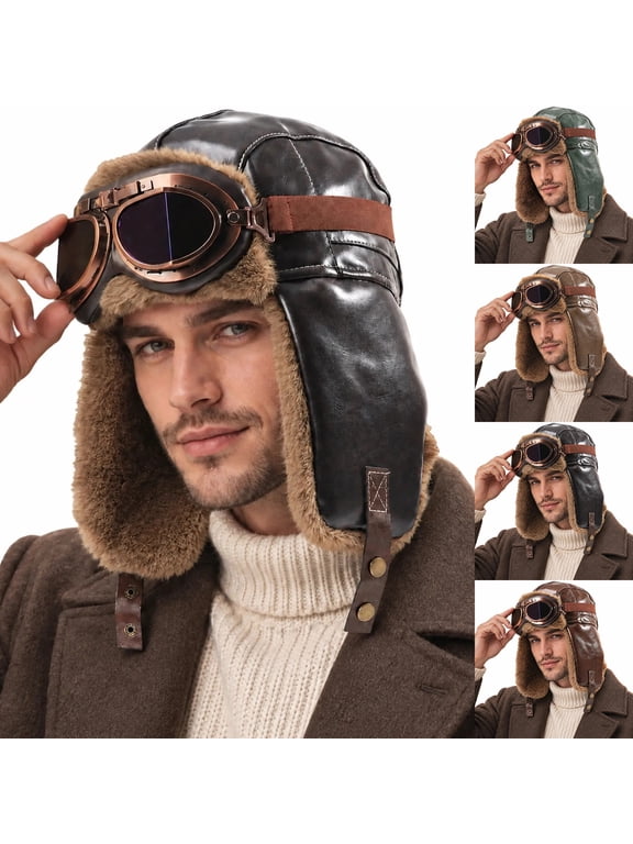 Men Aviator Hat with Goggles, Adult Vintage Pilot Trapper Hat, Winter Bomber Cap with Ear Flaps for Men Women Cold Weather Wear