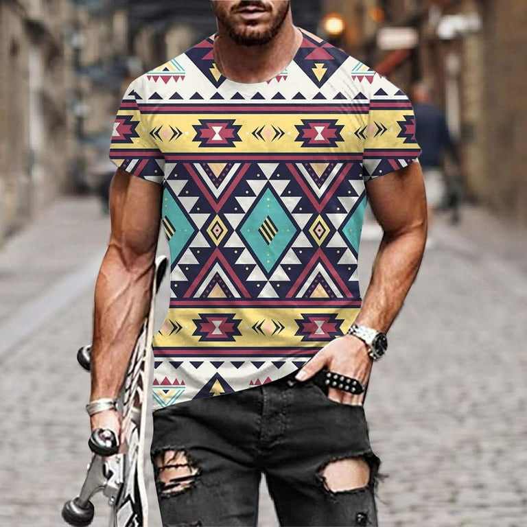 Men Aztec Tshirt Geometric Print Shirts Slim Fit Short Sleeve Tee Shirt  Retro Round Neck T Shirt Casual Athletic Tees