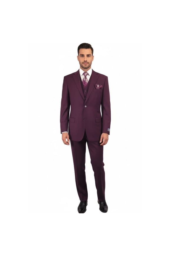 Men BERRAGAMO 3pc Suit Vested Plain front Pants Side Vents Formal A6732 Burgundy
