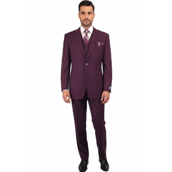 Men BERRAGAMO 3pc Suit Vested Plain front Pants Side Vents Formal A6732 Burgundy