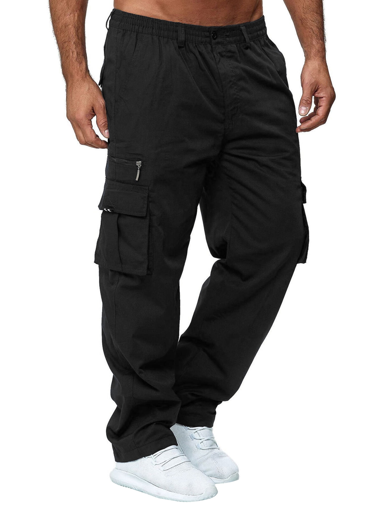 Men Baggy Cargo Pants Elastic Waist Casual Straight Trousers Joggers With  Multi Pockets