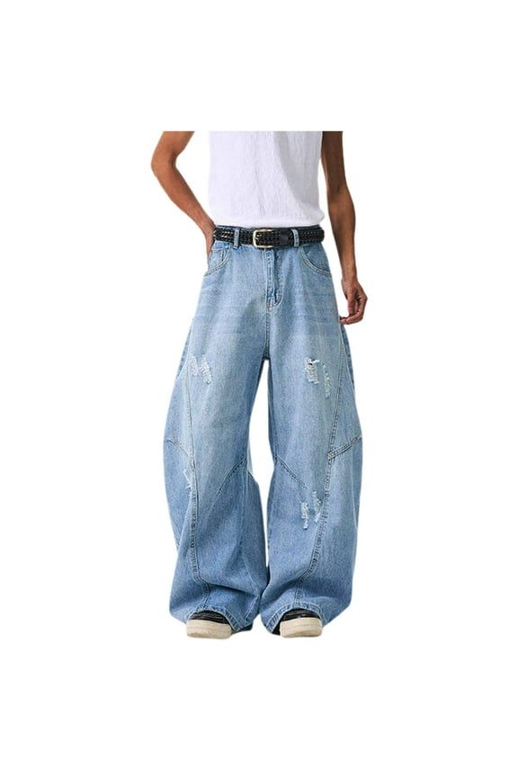 Men Baggy Jeans Barrel Wide Leg Jeans Y2k Hip Hop Streetwear Denim Pants Vintage Fashion Irregular Sutures Pants