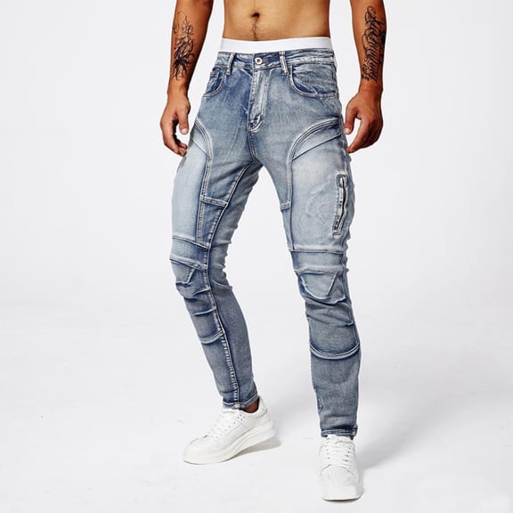 Men Baggy Jeans for Men Casual Fashion Pocket Solid Color Motorcycle Elastic Tight Fitting Small Leg Cargo Pants Light Blue L Denim Pants for Men