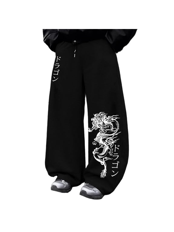 Men Baggy Sweatpants Y2K Gothic Emo Oversized Streetwear Pants Y2K Clothes Men Gym Dragon Graphic Sweatpants Drawstring Wide Leg Trousers