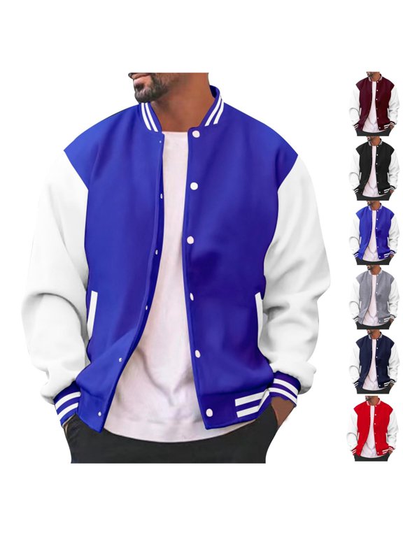 Men Baseball Jacket Classic Varsity Coat Color Patchwork Stand Collar Casual Outerwear for Spring Fall Daily Vacation