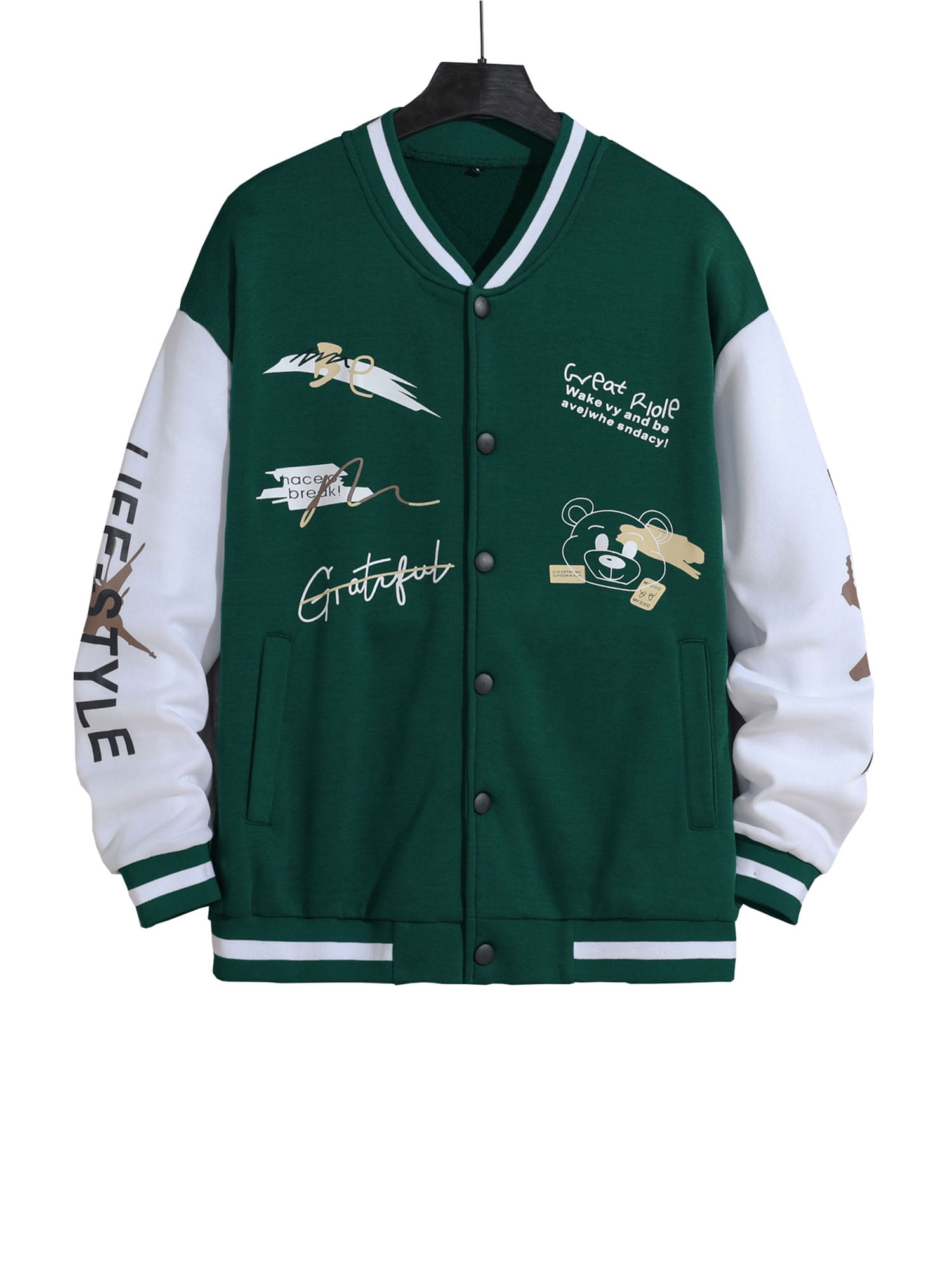Men Baseball Jacket, Letters Bear Print Contrast New Zealand Ubuy