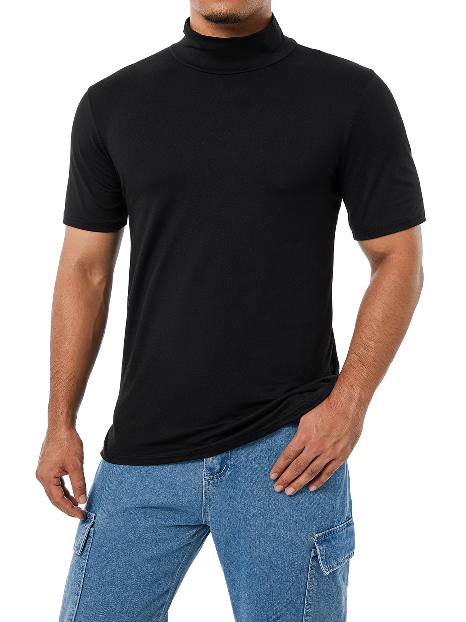 Men Basic Mock Turtleneck TShirt Solid Short Sleeve Pullover Undershirt Stretch Lightweight Top