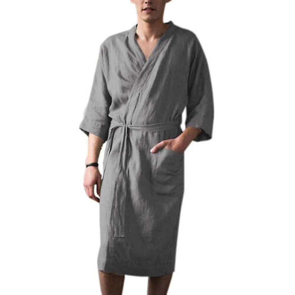 Men Bath Robe Cotton Linen 3/4 Sleeve Nightwear Sleepwear Bathrobe ...