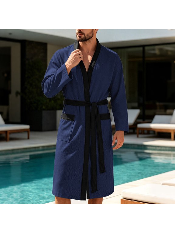 Men Bathrobe, Long Sleeve Wrap Robe with Pockets, Absorbent Casual Shower Home Loungewear Navy Women's Nightgowns & Sleepshirts M