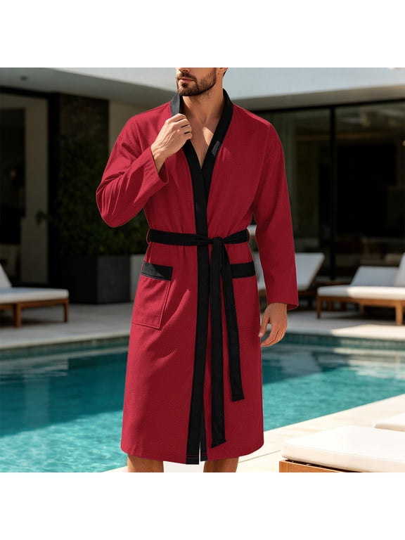 Men Bathrobe, Long Sleeve Wrap Robe with Pockets, Absorbent Casual Shower Home Loungewear Red Summer Nightgowns for Women M