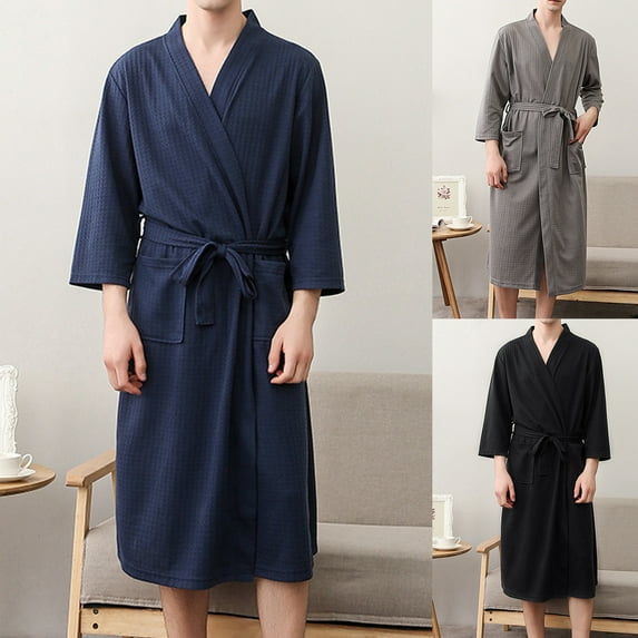 Men Bathrobe Solid Color V Neck Cardigan Water Absorption Oversize Male Pajamas for Home