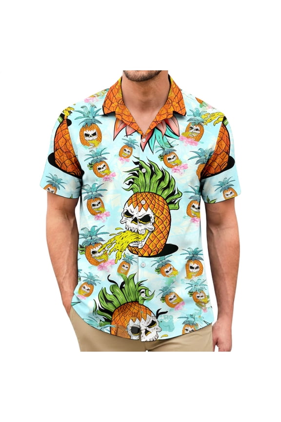Men Beach Shirts Pineapple Print Fashion Button Up Shirts Funny Tropical Tops Short Sleeve Everyday Wear