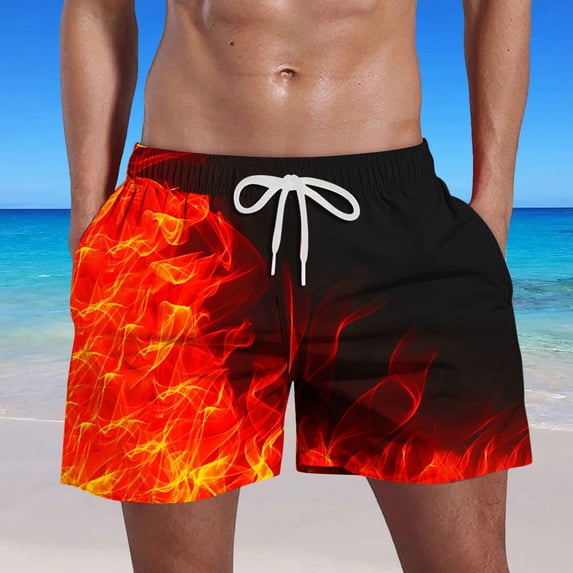 Men Beach Shorts Printed Straight Leg Drawstring Short Pants Summer Stylish Shorts with Pockets Red L