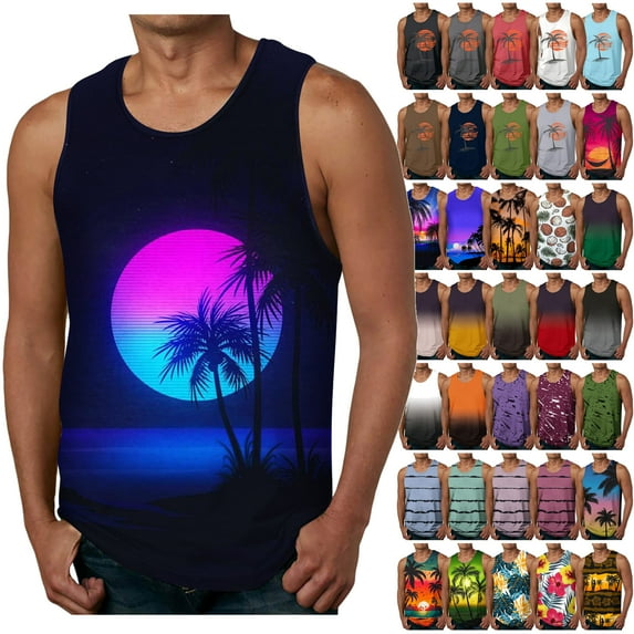 Men Beach Tank Tops,Hawaiian Shirts for Men Summer Sleeveless Tank Tops Casual Vacation Beach Tops 2023 Crewenck Trendy Graphic Tees Tshirt