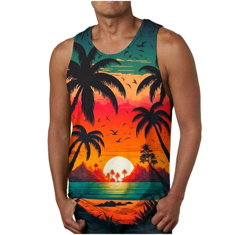 Men Beach Tank Tops,Summer Hawaiian Shirt for Men 3D Print Palm Tree  Sleeveless Casual Beach Tank Top Novelty Stylish Workout Muscle Tee