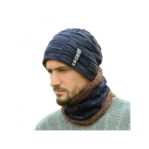 Men Beanie Hat & Scarf Set Neck Cover Winter Warm Fleece Knitted Thick Ski Cap