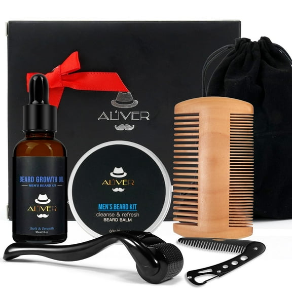 Men Beard Care & Grooming Kit, 7-Piece Set with Beard Balm, Beard Oil, Beard Comb, Beard Roller, Professional Beard Tools Kit-Gifts for Men