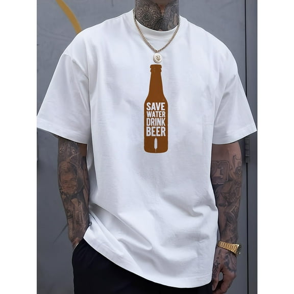 Men Beer Tee Black and White S-5XL Vintage Bottle Graphic Heavyweight Cotton Short Sleeve T-Shirt Top Casual Party