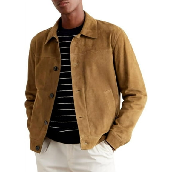 Men Beige Suede Leather Jacket Basic Style Button Closure Gift for him on Anniversary A291