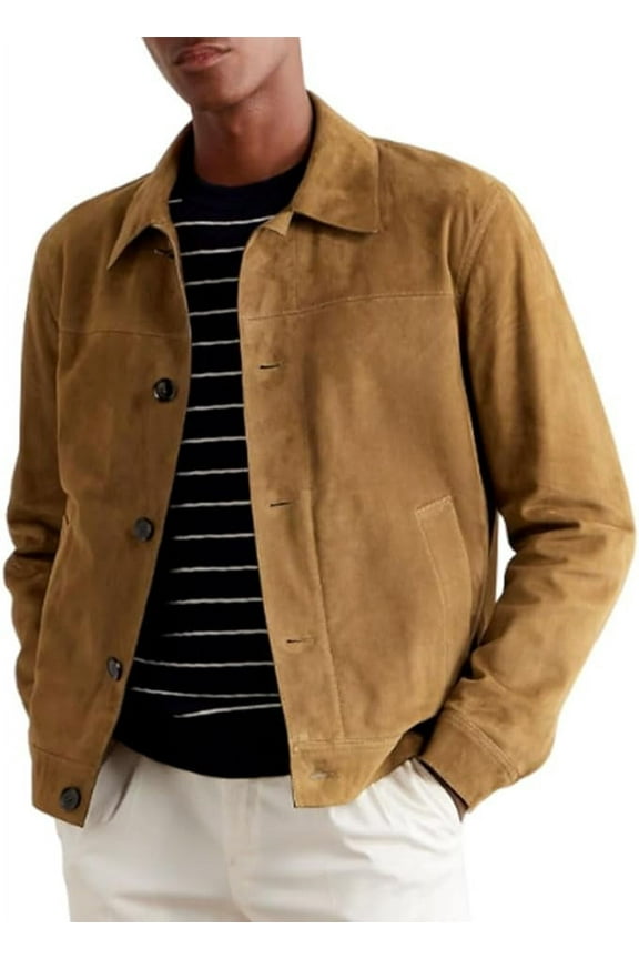 Men Beige Suede Leather Jacket Basic Style Button Closure Gift for him on Anniversary A291