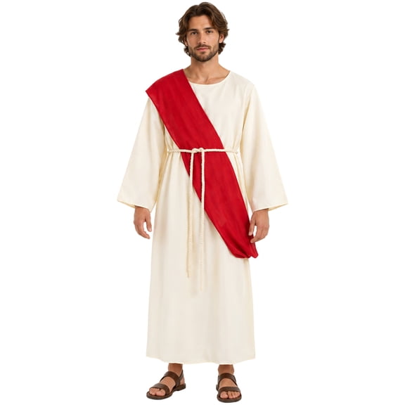 Men Biblical Robe Costume with Red Sash and Rope Belt Ancient Gown for Halloween Stage Cosplay