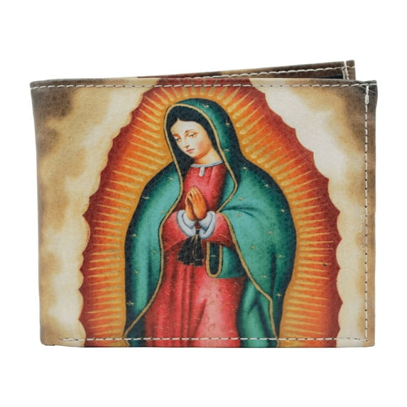 Men Bifold Leather Wallet, Virgin Mary Printed Leather Wallet