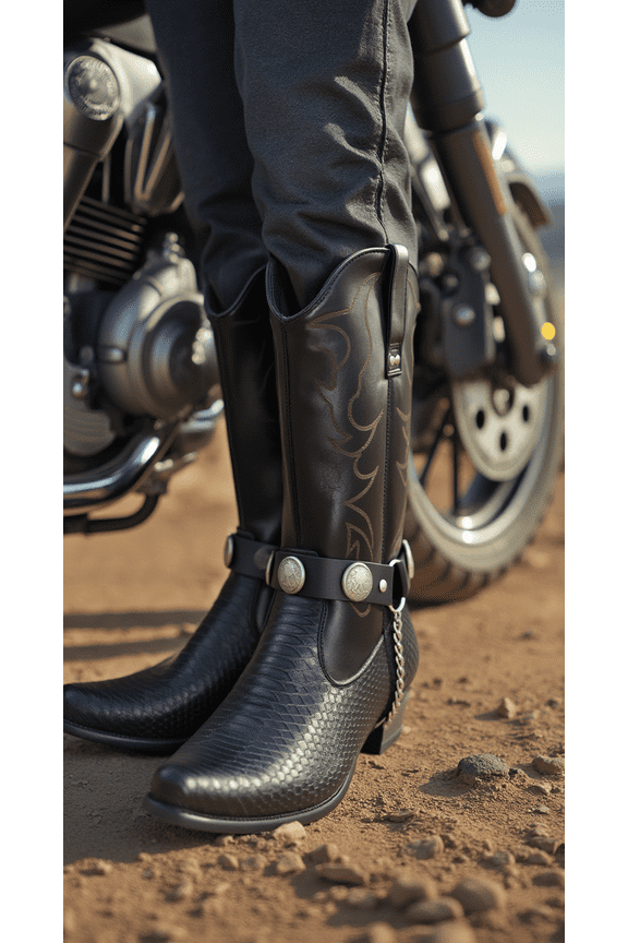 Men Biker Boot Bracelets Black Pair Straps Silver Metal Chain Shoe Eagle Charm Motorcycle Weekend Accessory