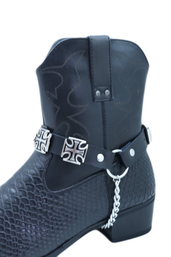 Men Biker Chain Black Faux Leather Bands Western Boots 2 Straps Cross Charms