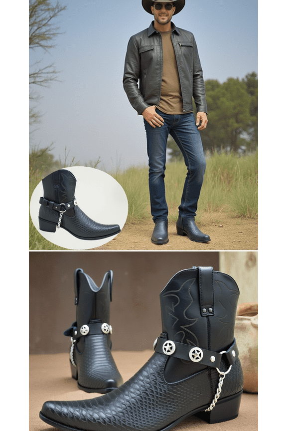 Men Biker Fashion Boot Bracelets Black Faux Leather Straps Silver Metal Chain Texas Lone Star Pair