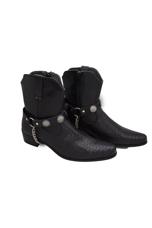 Men Biker Fashion Jewelry Boot Bracelets Black Faux Leather Straps Silver Chains Buffalo Pair