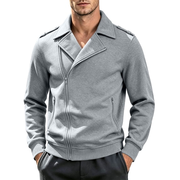 Men Biker Jacket Asymmetrical Lapel Collar Long Sleeve Zip Up Moto Coat Slim Fit Casual Outerwear