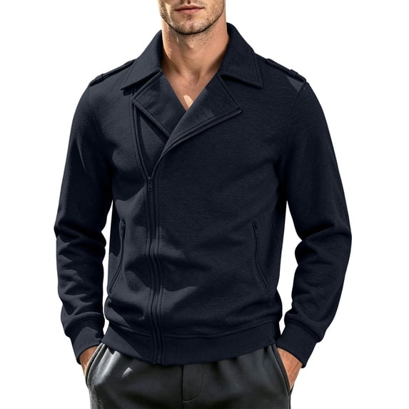 Men Biker Jacket Asymmetrical Lapel Collar Long Sleeve Zip Up Moto Coat Slim Fit Casual Outerwear