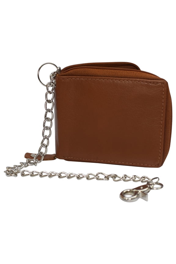 Men Biker Trucker Cow Leather Zip around Bi-fold RFID Chain Wallet Western Style Khaki/Tan Chain Wallet