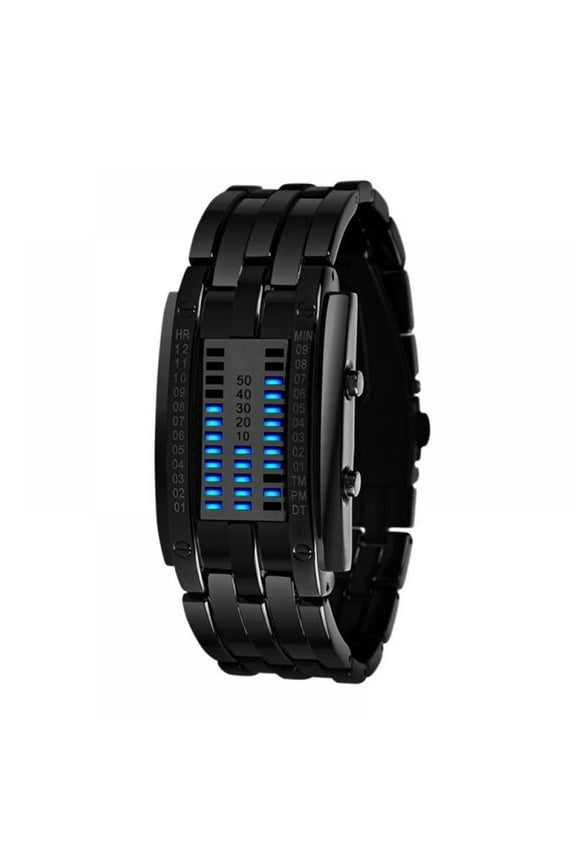 Men Binary Sports Watch Digital LED Matrix Outdoor Stainless Steel Bracelet Square Blue Backlit Watches