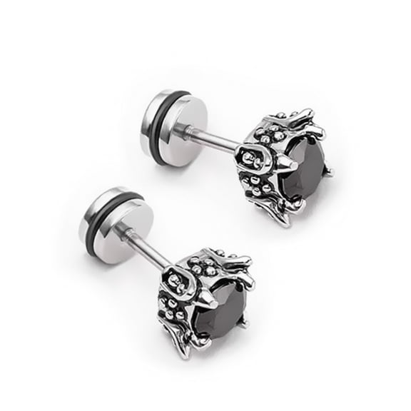 Men Black CZ Diamond Stud Earrings, Surgical Steel Silver Screw Back Stud Earrings, Gift For Him