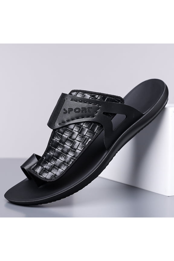 Men Black Checkerboard Toe Ring Sport Slide Sandals SPORT Embossed Hollow Leather Slippers