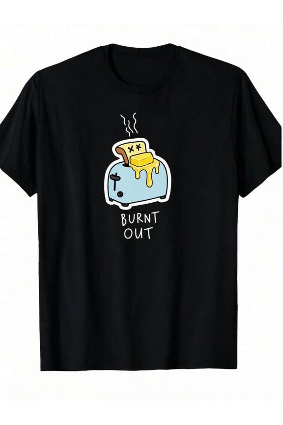 Men Black Cotton Graphic T-Shirt, Funny Burnt Out Toaster Print Crew Neck Short Sleeve Tee, Casual Daily Wear Top