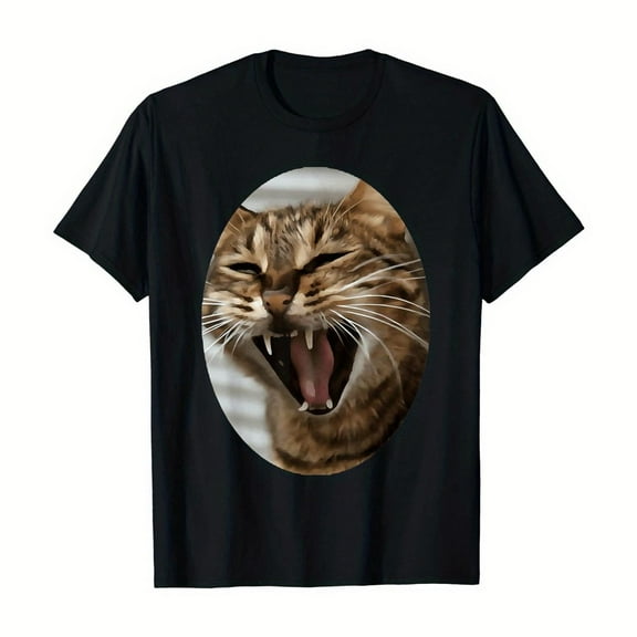 Men Black Cotton Tee Tabby Cat Yawning Graphic T-Shirt Top Cotton Soft Casual Round Neck S-5XL