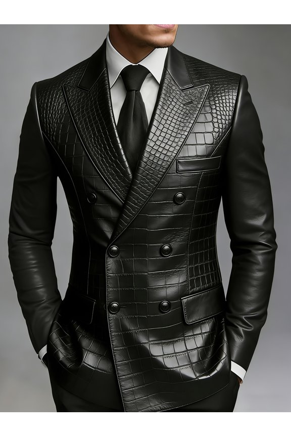 Men Black Croc Embossed Faux Leather Double Breasted Blazer Peak Lapel Slim Windproof Formal Tuxedo Jacket