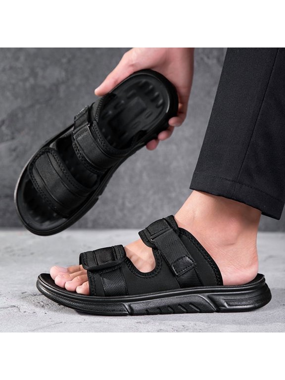 Men Black Double Velcro Hollow Slide Sandals Bubble Massage Insole Thick Platform Indoor Outdoor Slippers