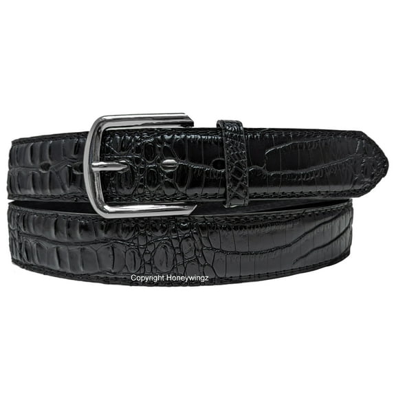 Men Black Faux Alligator Crocodile Skin Leather Belt