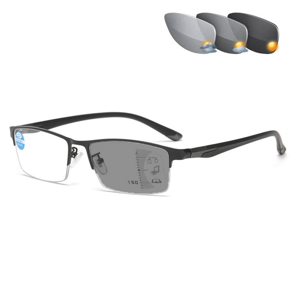 Men Black Frame Progressive Photochromic Gray Reading Glasses 1.50, Metal Rectangle Half Rimless Business Transition Gray Multifocus Readers +1.50 Strength