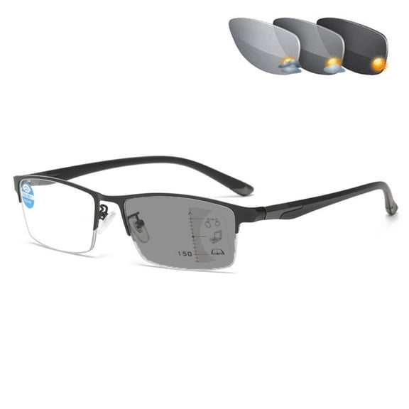 Men Black Frame Progressive Photochromic Gray Reading Glasses 1.50, Metal Rectangle Half Rimless Business Transition Gray Multifocus Readers +1.50 Strength