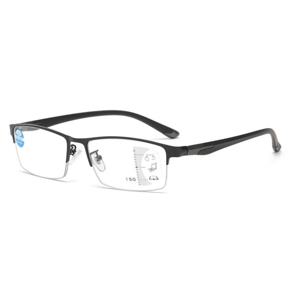 Men Black Frame Progressive Reading Glasses 2.00, Metal Rectangle Half Rimless Business Multifocus Readers +2.00 Strength (Not Photochromic)