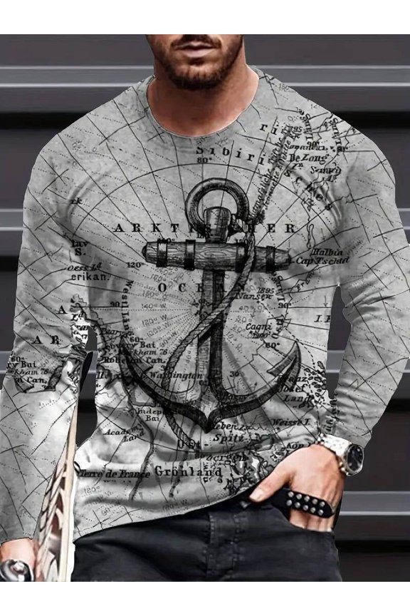 Men Black Gray Nautical Anchor Print Tee Streetwear Fashion