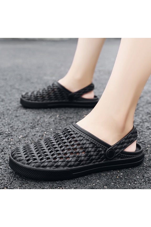 Men Black Hollow Woven Hole Clogs Rotatable Rear Strap One-Piece EVA Breathable Outdoor Beach Slippers