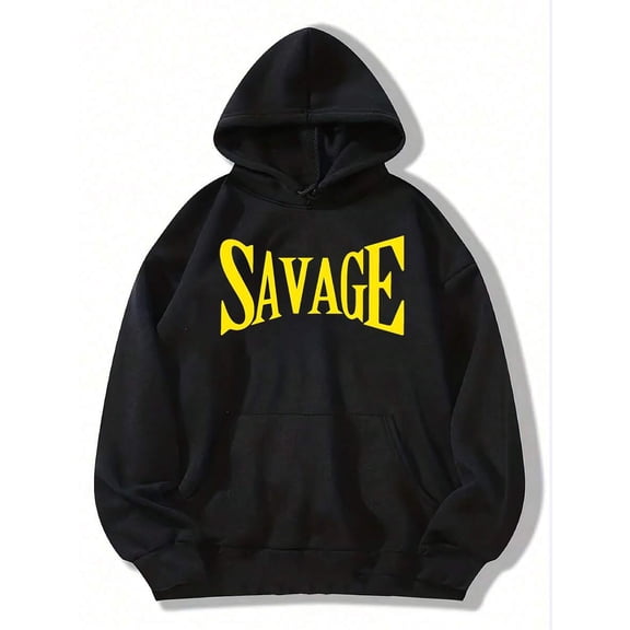 Men Black Hooded Sweatshirt With Bold Yellow SAVAGE Lettering  Pocket Casual Long Sleeve Pullover Thick Warm Fabric For FallWinter Statement Streetwear Sweater Machine Washable Relaxed Fit With Draws