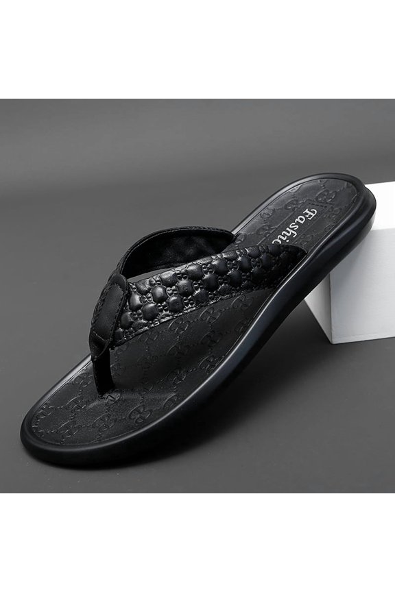 Men Black Raised Bubble Grain Leather Thong Flip Flops Full Embossed Monogram Insole Flat Non-Slip Casual Slippers