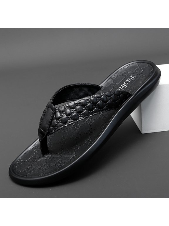 Men Black Raised Bubble Grain Leather Thong Flip Flops Full Embossed Monogram Insole Flat Non-Slip Casual Slippers